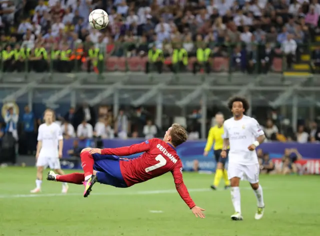 Antoine Griezmann attempts a bicycle kick