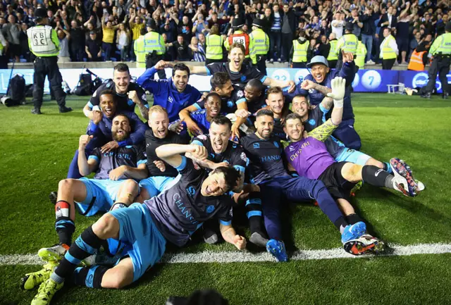 Sheffield Wednesday players celebrate reaching the Championship play-off final