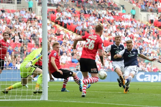 Mark Beevers of Millwall scores