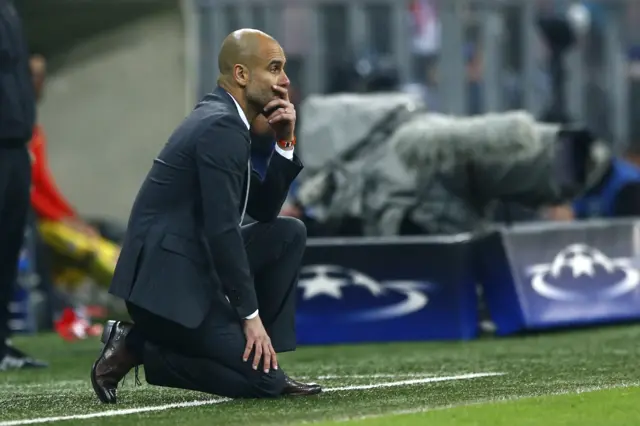 Pep Guardiola looks at the game during the Champions League second leg semifinal