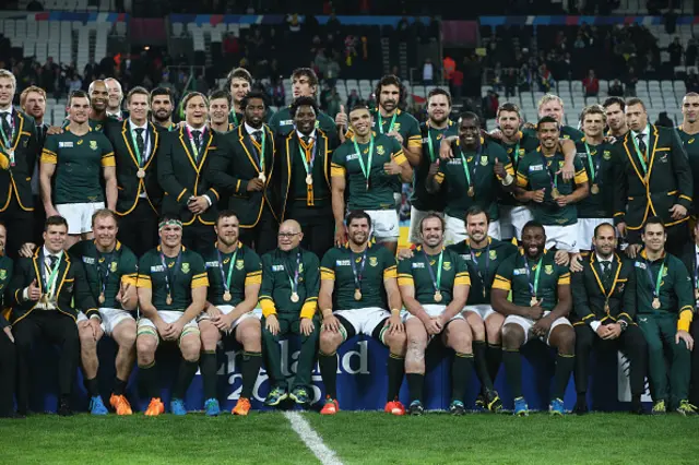 Springbok team after winning bronze nedal at recent rugby World Cup