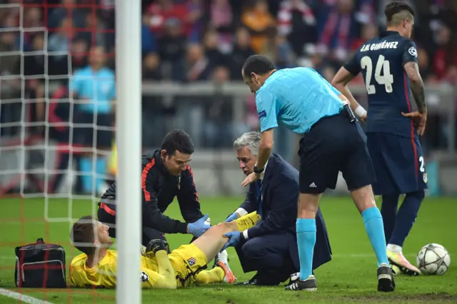 Jan Oblak is helped by medical staff while lying on the pitch