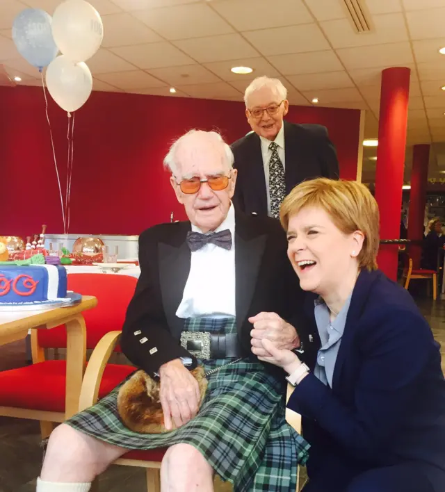 Nicola Sturgeon meets Bert Clark on his 100th birthday