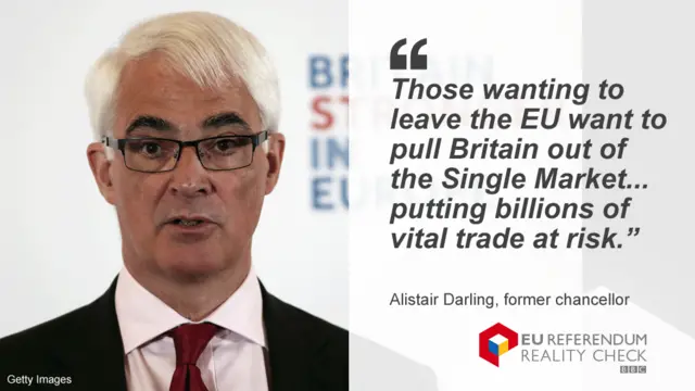 Alistair Darling saying: "Those wanting to leave the EU want to pull Britain out of the Single Market... putting billions of vital trade at risk.