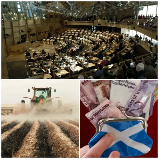 Holyrood chamber, farming, Scottish purse with cash