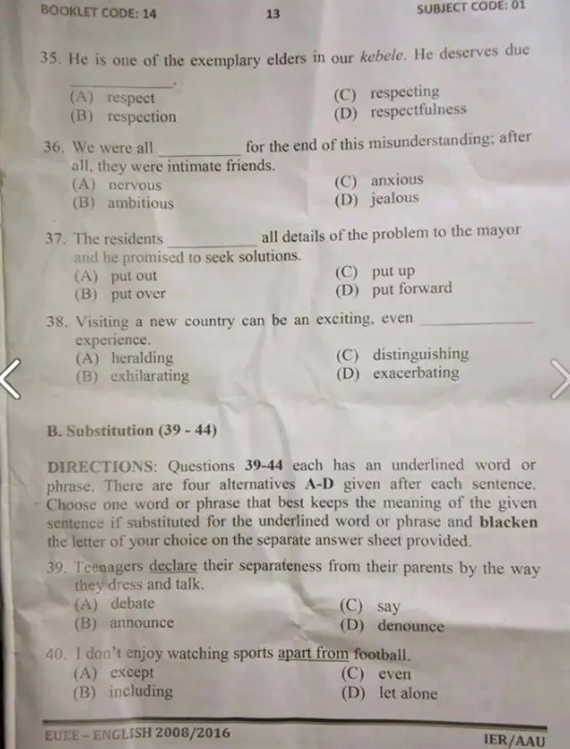 Facebook photo of exam paper