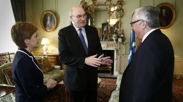 EU agriculture commissioner Phil hogan, First Minister Nicola Sturgeon and new Rural Affairs Secretary Fergus Ewing