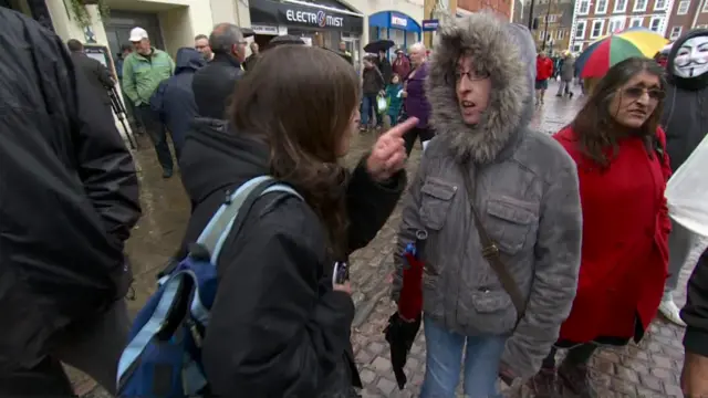 Demonstators and Leave supporters confront each other in Northampton