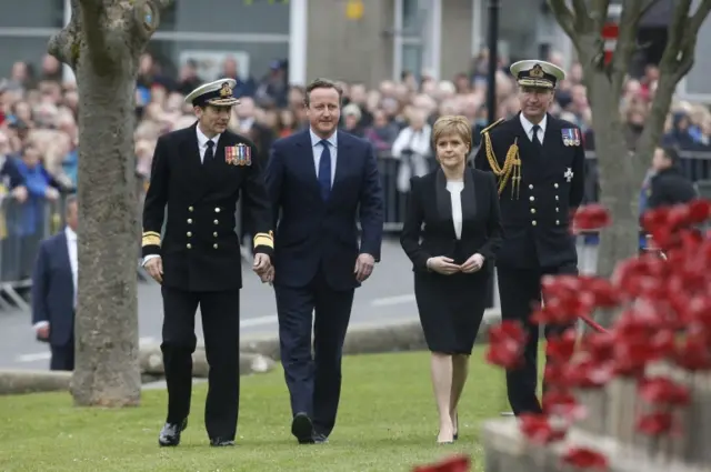 Rear Admiral John Weale, Prime Minister David Cameron, First Minister Nicola Sturgeon and Vice Admiral Sir Timothy Laurence attend a service at St Magnus Cathedral in Kirkwall, Orkney, to mark the centenary of the Battle of Jutland