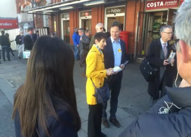 Caroline Pidgeon and Nick Clegg outside Putney station