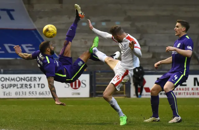 Liam Fontaine goes close for Hibs at Stark's Park