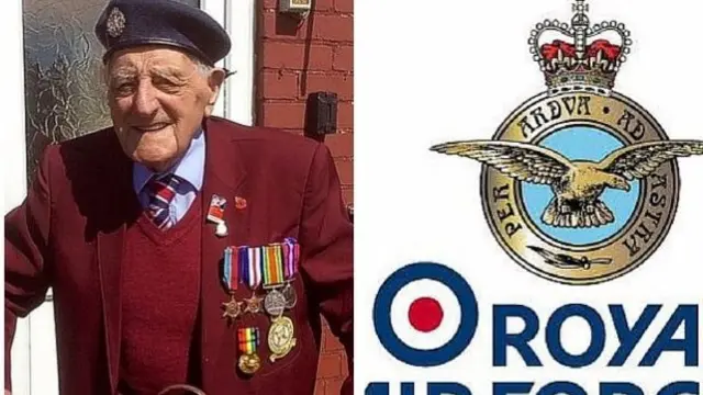 Bill Brant alongside Royal Air Force logo