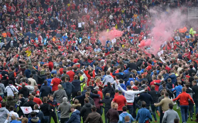 Middlesbrough fans on the pitch