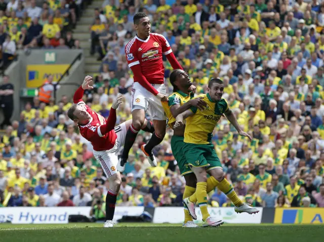 Chris Smalling heads an effort towards goal