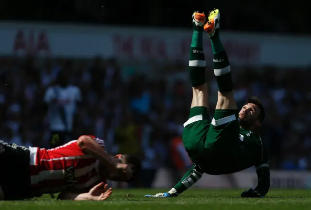 Shane Long fouls Tottenham Hotspur's French goalkeeper Hugo Lloris and received a yellow c