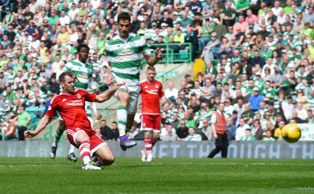 Niall McGinn scores for Aberdeen against Celtic