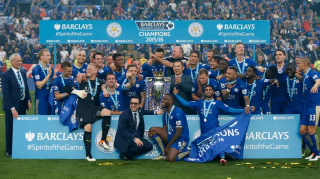 Leicester City with the Premier League trophy