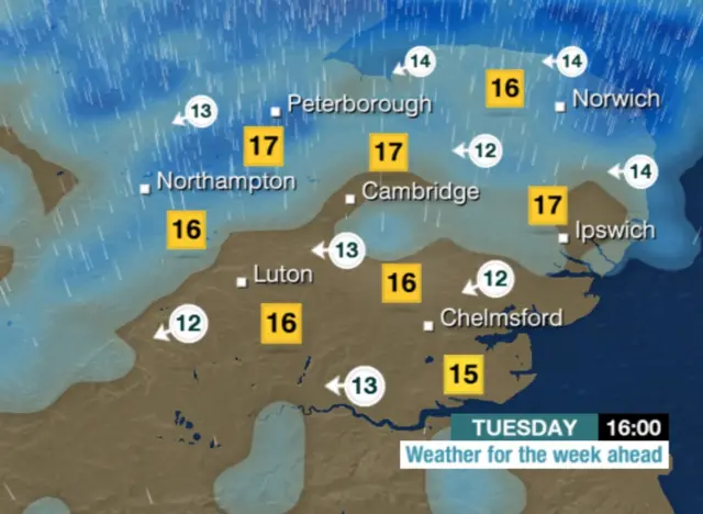 Weather map for the East of England