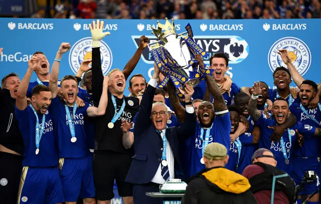 Leicester City lifting the Premier League trophy