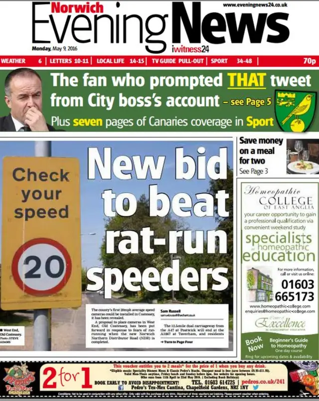 Norwich Evening News front page