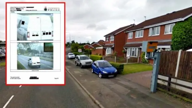 The speed camera on the A5011 Linley Road, and inset, the image taken showing the 85mph reading