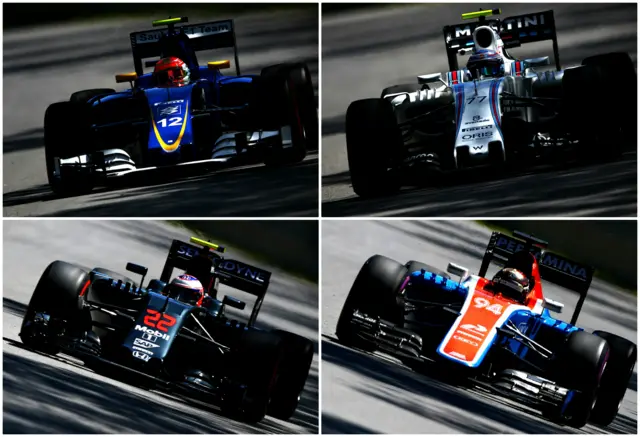 Clockwise from top left: Felipe Nasr, Valteri Bottas, Pascal Wehrlein and Jenson Button