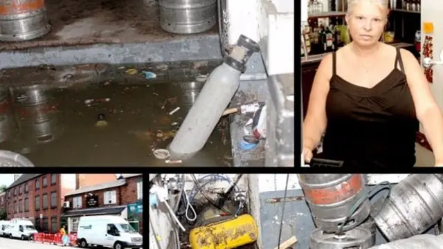 Michelle Warner (top right) and photos of the pub after the flood