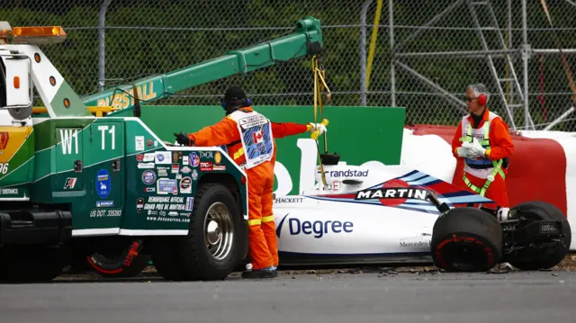 Felipe Massa's car is lifted by a crane