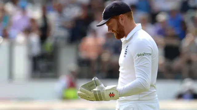 Jonny Bairstow reacts to dropping a catch