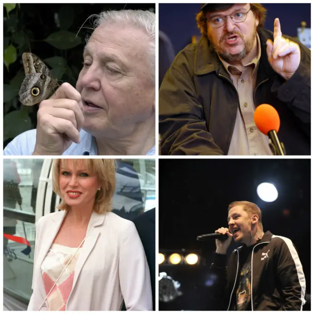 Sir David Attenborough/ Joanna Lumley/ Professor Green/ Michael Moore