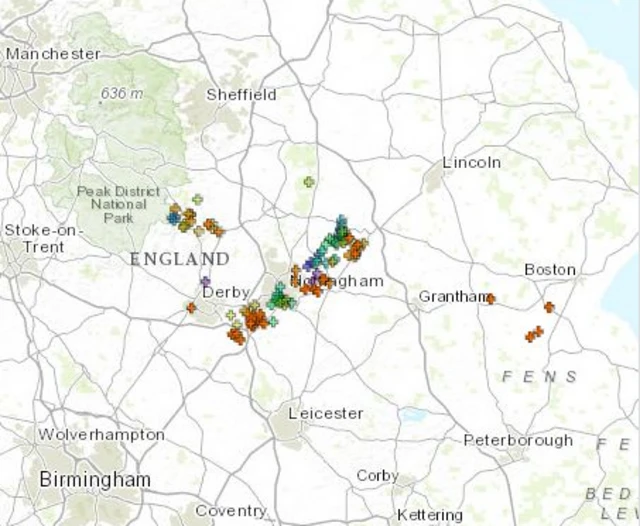 Map showing where lightning strikes have been recorded during thunderstorms