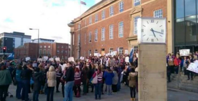 School support staff at an earlier protest outside Derby City Council offices