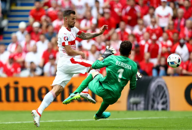 Haris Seferovic and Etrit Berisha challenge for the ball