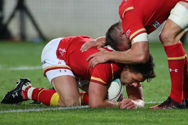 Rhys Webb scores a try against New Zealand