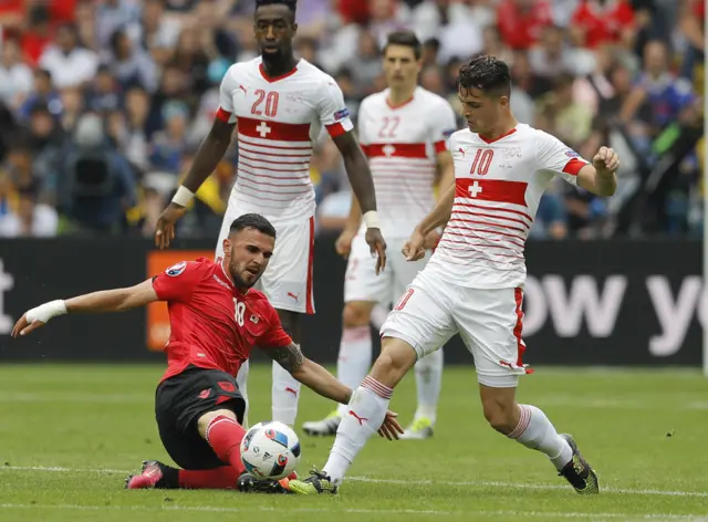 Armando Sadiku tackling Granit Xhaka