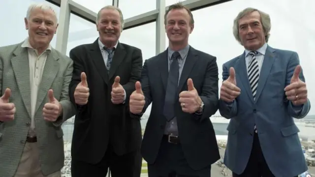 Billy Hamilton (second left) with Northern Ireland manager Michael O'Neill, 1958 World Cup star Peter McParland (left) and legendary goalkeeper Pat Jennings (far right) at the announcement of the squad for the Euro 2016 finals