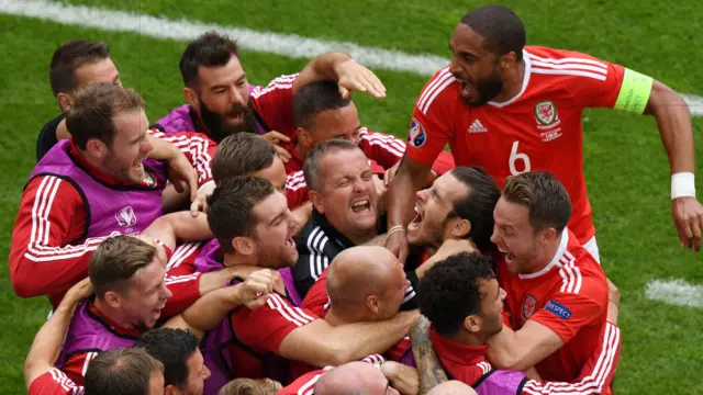 Wales celebrate Gareth Bale's goal