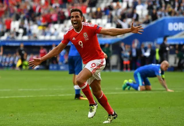 Hal Robson-Kanu celebrates putting Wales infront