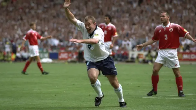 Alan Shearer scores against the Swiss at Euro 96