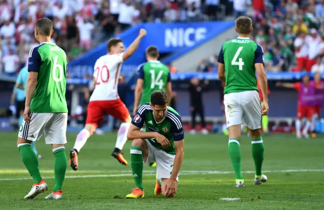 Poland celebrate their opener whilst Northern Ireland look deflated