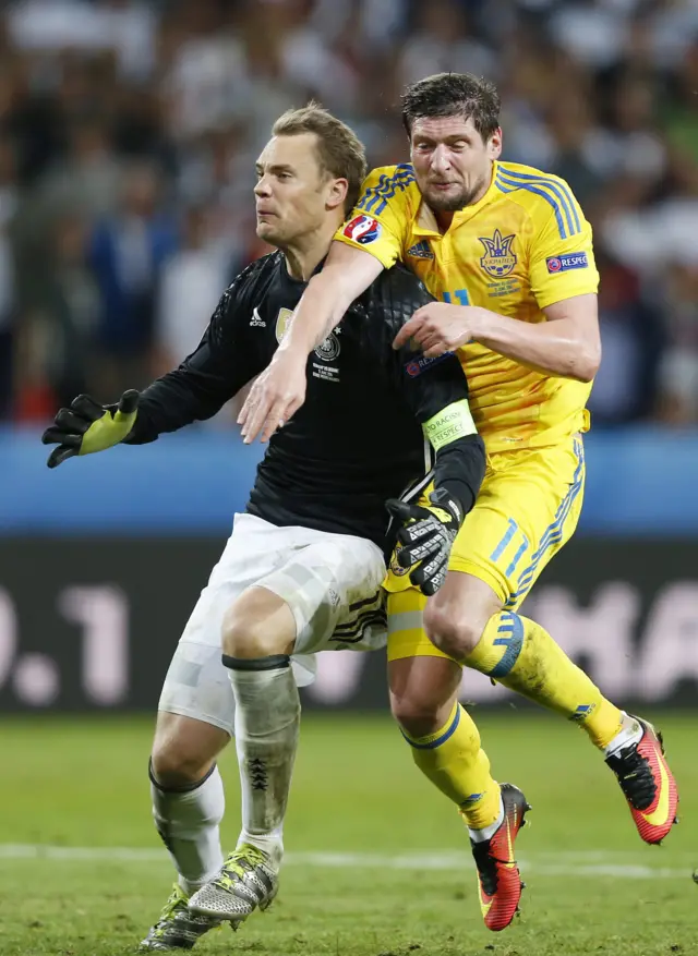 Manuel Neuer prevents Yevhen Seleznyov from getting a chance
