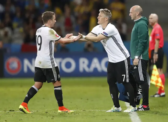 Bastian Schweinsteiger comes on for Mario Gotze