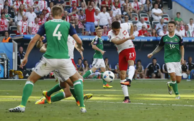 Poland's Bartosz Kapustka lashes a volley at goal