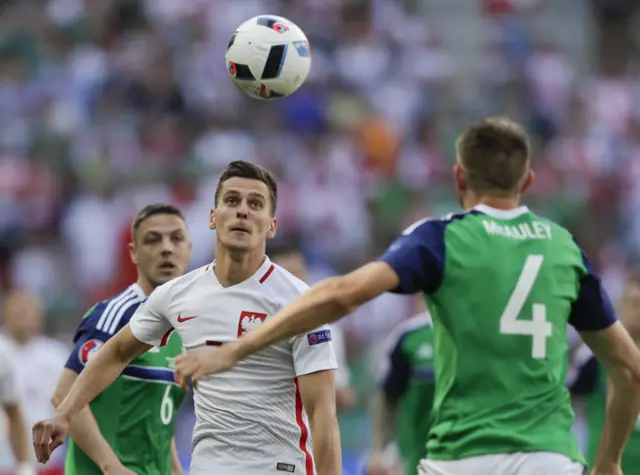 Arkadiusz Milik of Poland puts the Northern Irish goal under pressure