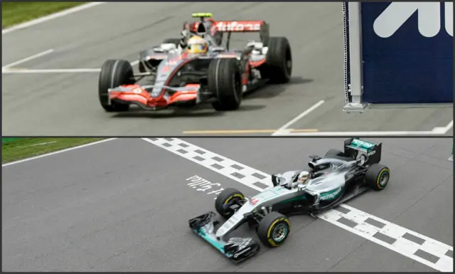 Lewis Hamilton crosses the finish line in 2007 and 2016