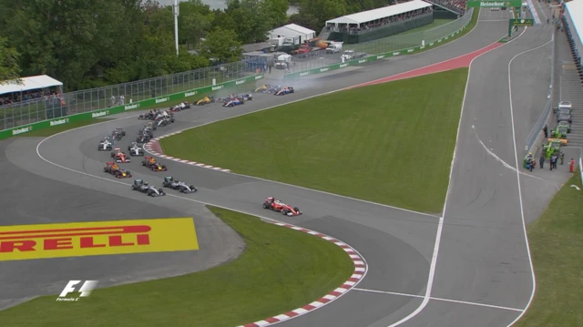 Turns 1 and 2 at the start of the Canadian Grand Prix