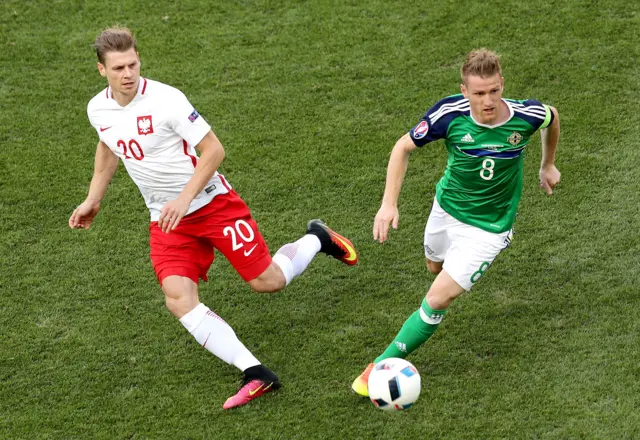 Poland's Lucas Piszczek tries to escape the attentions of Steven Davis