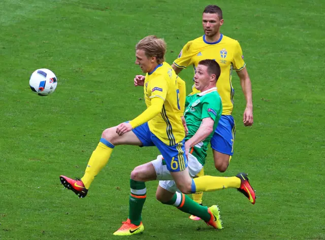 James McCarthy pulls back Emil Forsberg