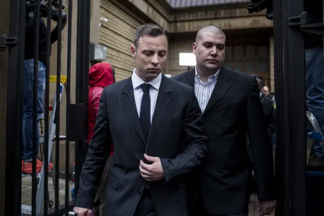 Oscar Pistorius leaves the North Gauteng High Court during a lunch break on June 13, 2016 in Pretoria, South Africa.