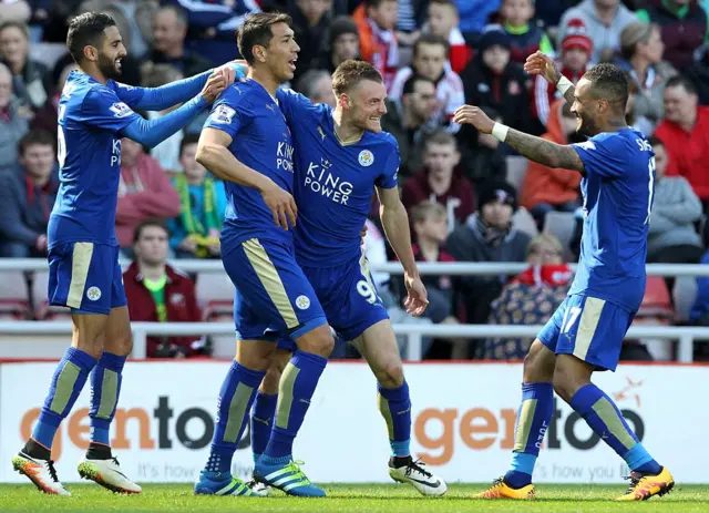 Jamie Vardy celebrates scoring with team mates including Danny Simpson